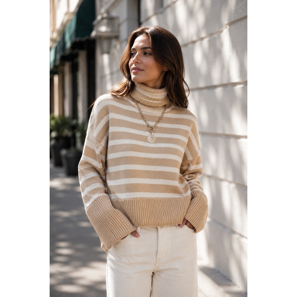 Gap Womens‎ XXS Striped Turtleneck Sweater Tan Cream Cotton Shaker Knit NWOT